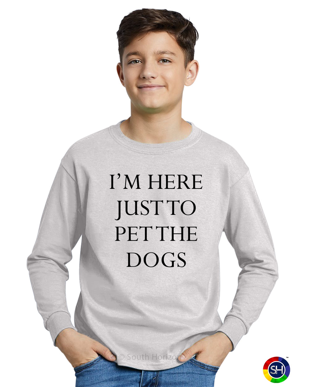 I'M HERE JUST TO PET THE DOGS on Youth Long Sleeve Shirt